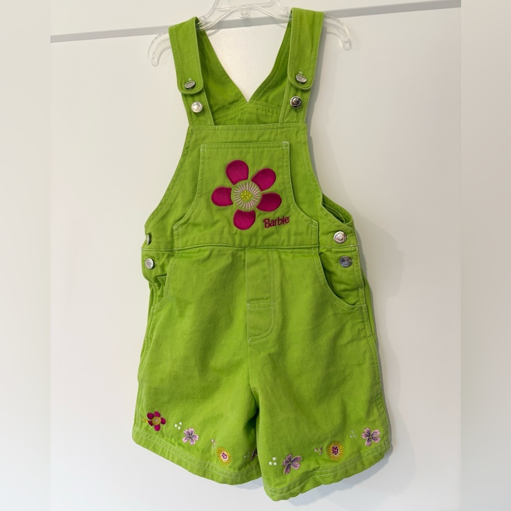 Vintage 90s 1996 Mattel Inc Barbie Lime Green Floral Embroidered Overalls